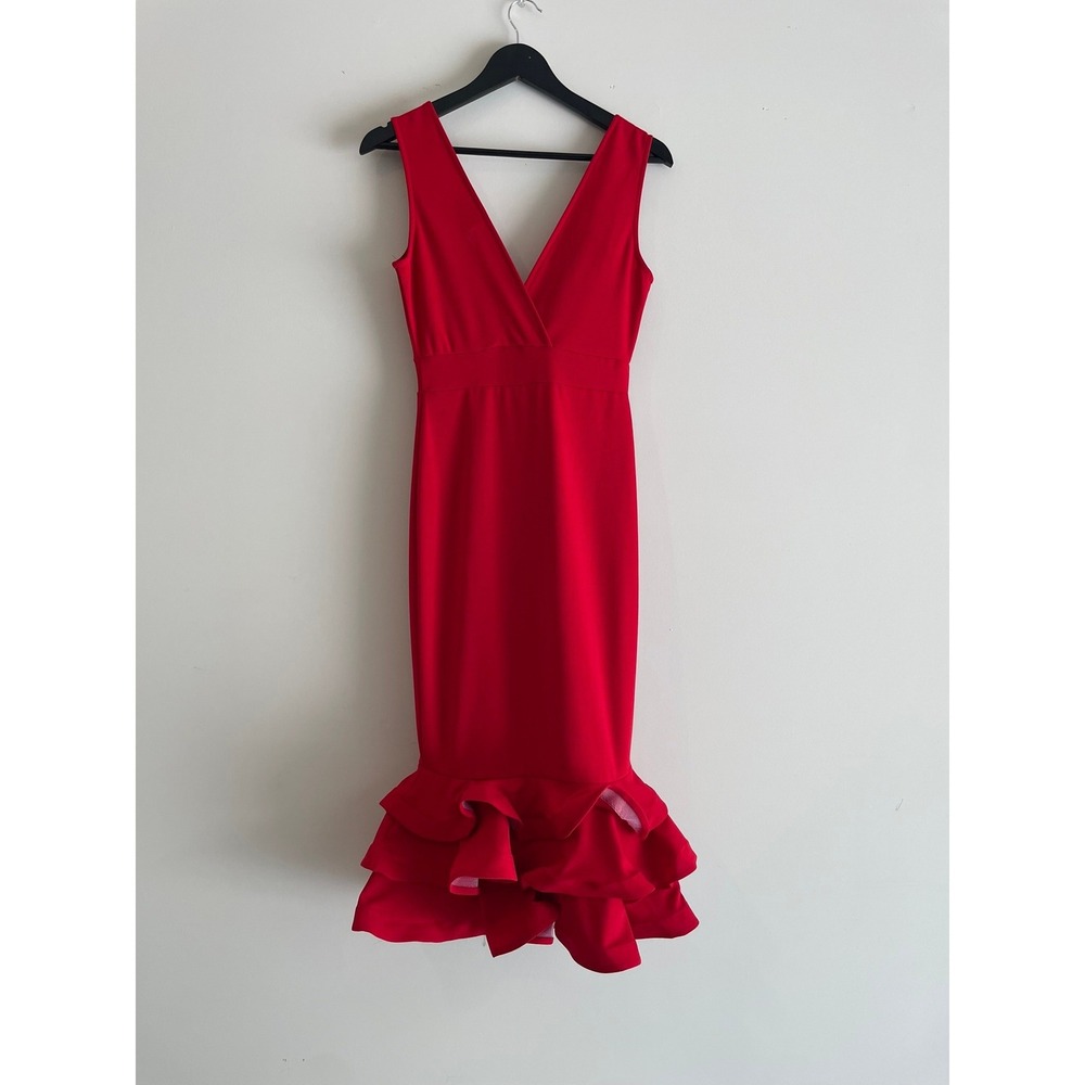 Kimcine Curve Red V-Neck Ruffle Mermaid Hem Midi Dress Womens S - Picture 2 of 8